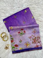 Purple Floral Printed Linen Tissue Saree for Women - Lavender