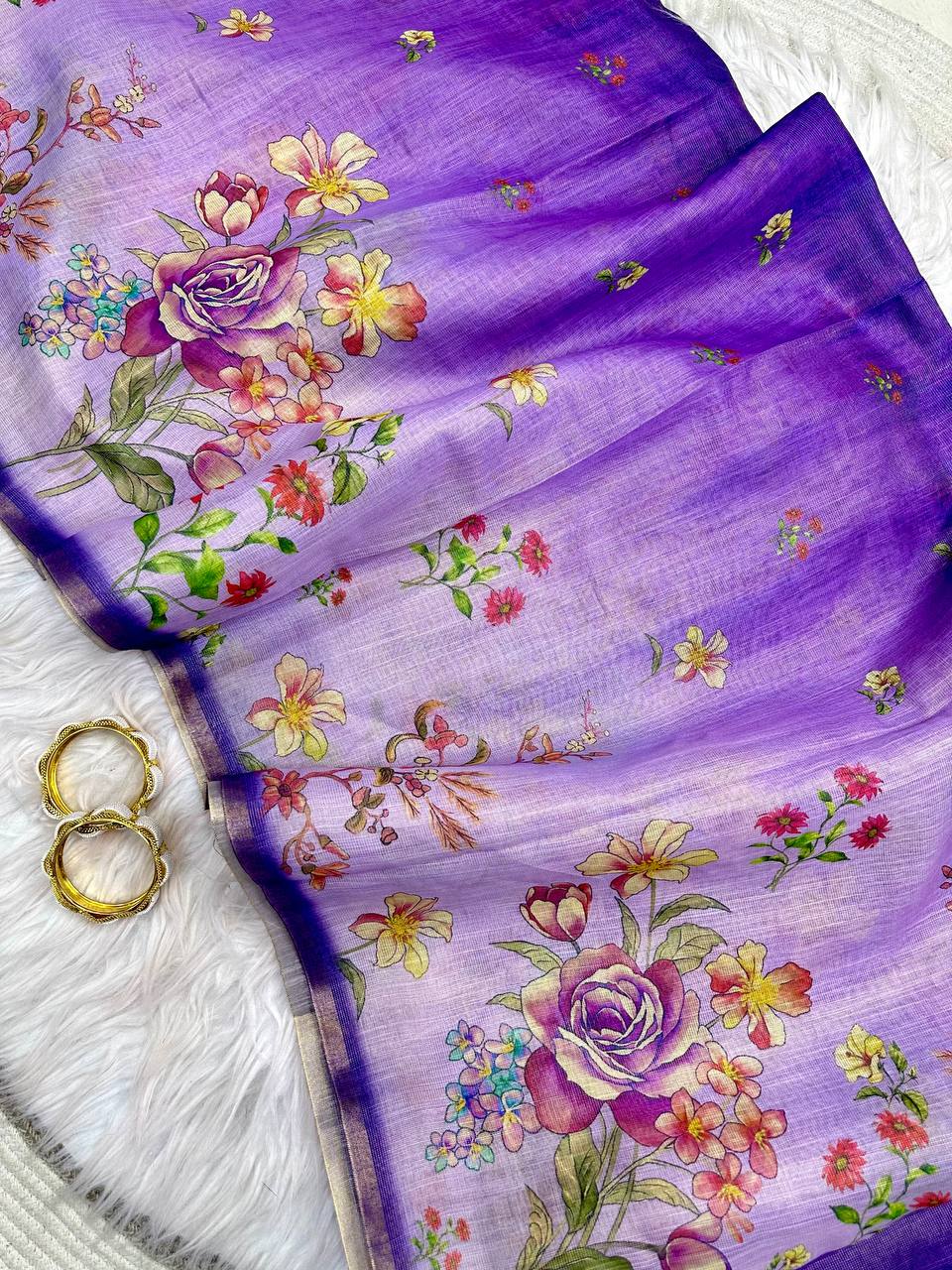 Purple Floral Printed Linen Tissue Saree for Women