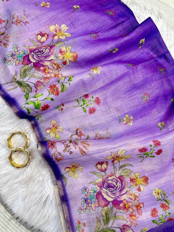 Purple Floral Printed Linen Tissue Saree for Women