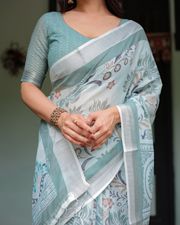Pastel Green Pure Linen Printed Saree with Tassels - Green