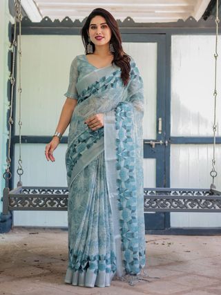 Pastel Blue Pure Linen Printed Saree with Blouse