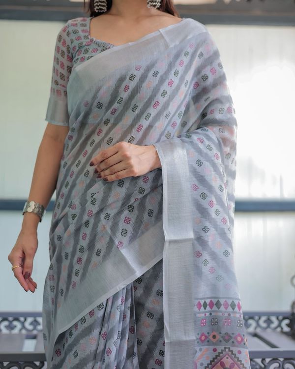 Soft Grey Pure Linen Ikat Printed Saree with Blouse