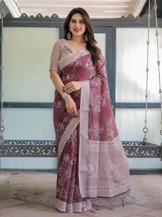 Maroon Floral Printed Pure Linen Saree with Blouse