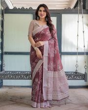 Maroon Floral Printed Pure Linen Saree with Blouse - Maroon