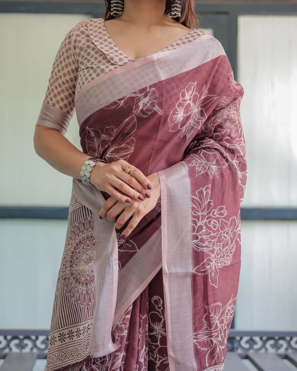 Maroon Floral Printed Pure Linen Saree with Blouse