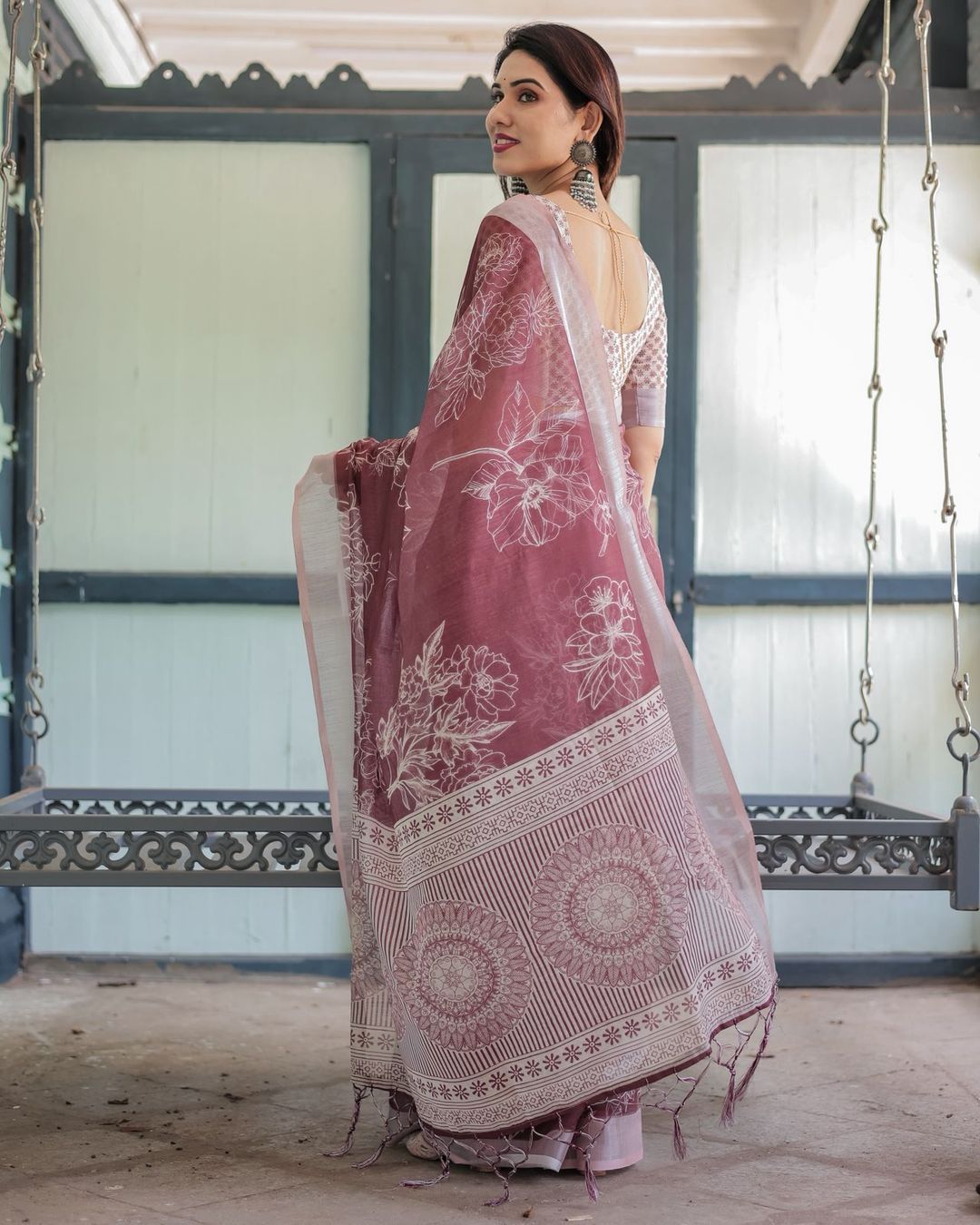 Maroon Floral Printed Pure Linen Saree with Blouse