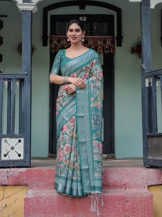 Teal Green Floral Printed Pure Linen Saree with Blouse