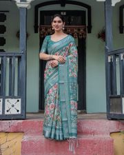 Teal Green Floral Printed Pure Linen Saree with Blouse - Green