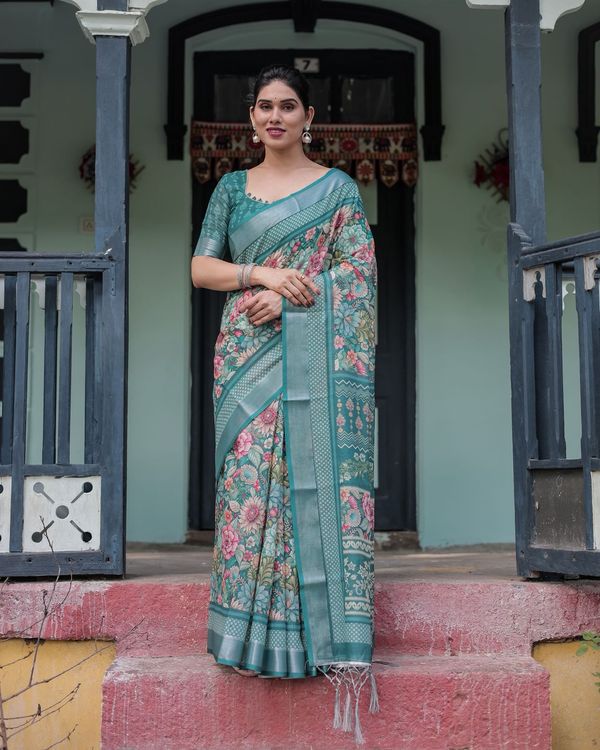 Teal Green Floral Printed Pure Linen Saree with Blouse