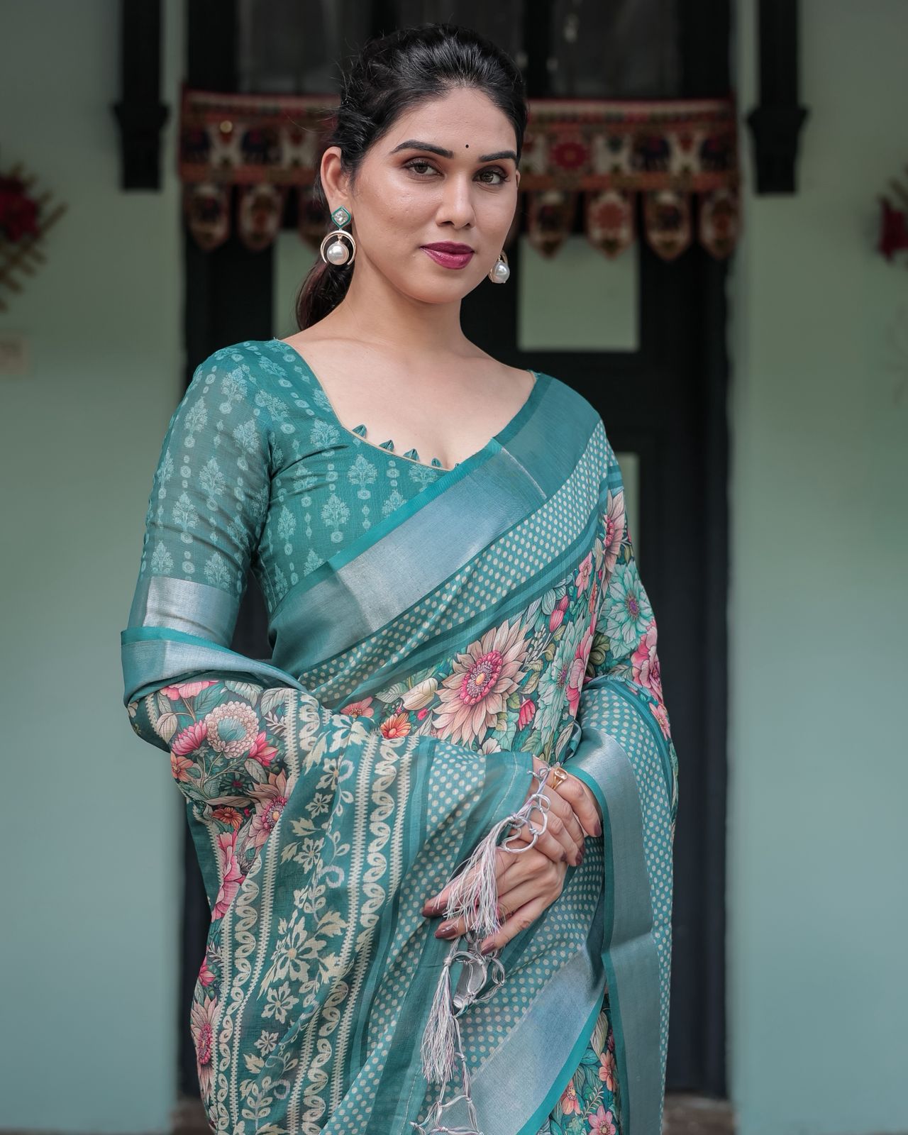 Teal Green Floral Printed Pure Linen Saree with Blouse