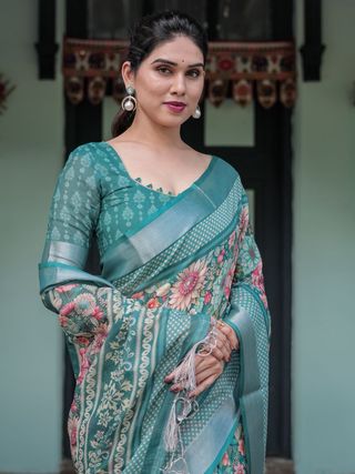 Teal Green Floral Printed Pure Linen Saree with Blouse