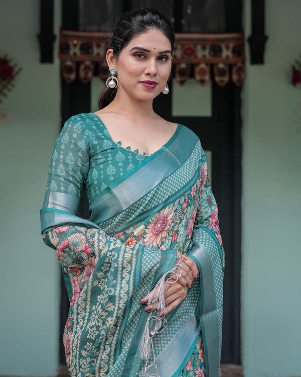 Teal Green Floral Printed Pure Linen Saree with Blouse