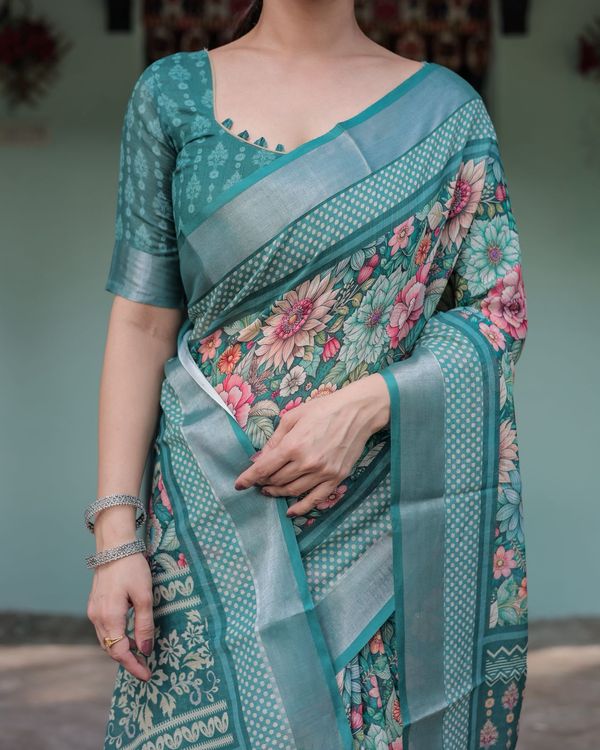 Teal Green Floral Printed Pure Linen Saree with Blouse