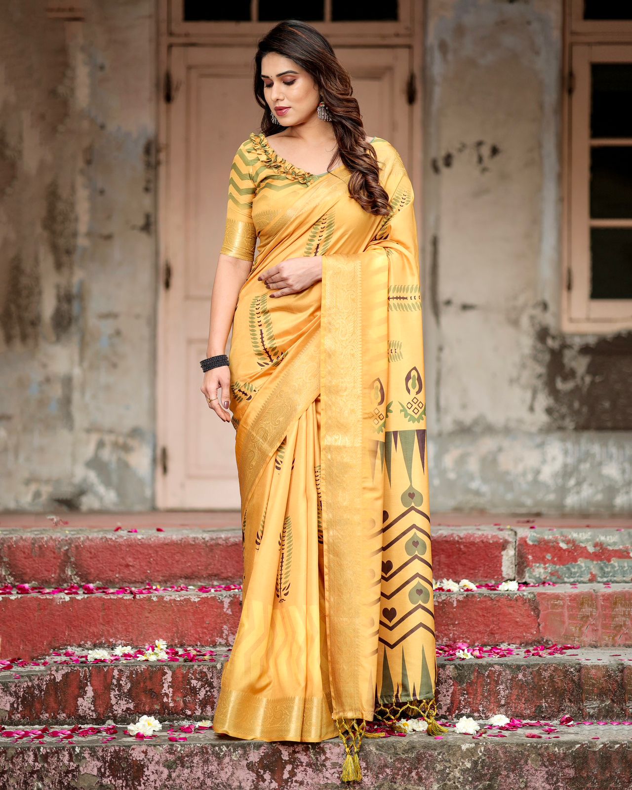 Golden Yellow Tussar Silk Printed Saree with Blouse