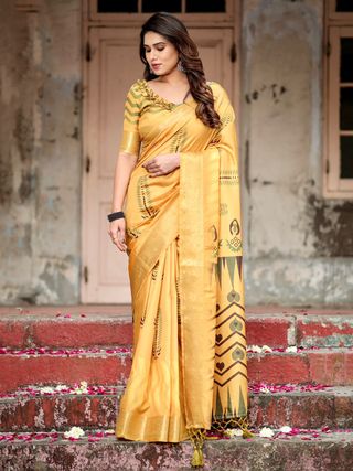 Golden Yellow Tussar Silk Printed Saree with Blouse