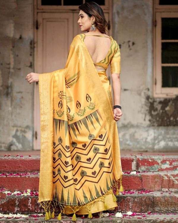 Golden Yellow Tussar Silk Printed Saree with Blouse