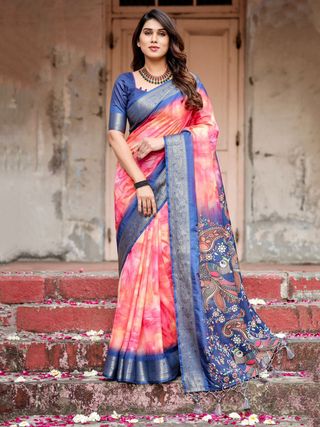 Pink Ombre Tussar Silk Printed Saree with Zari Border