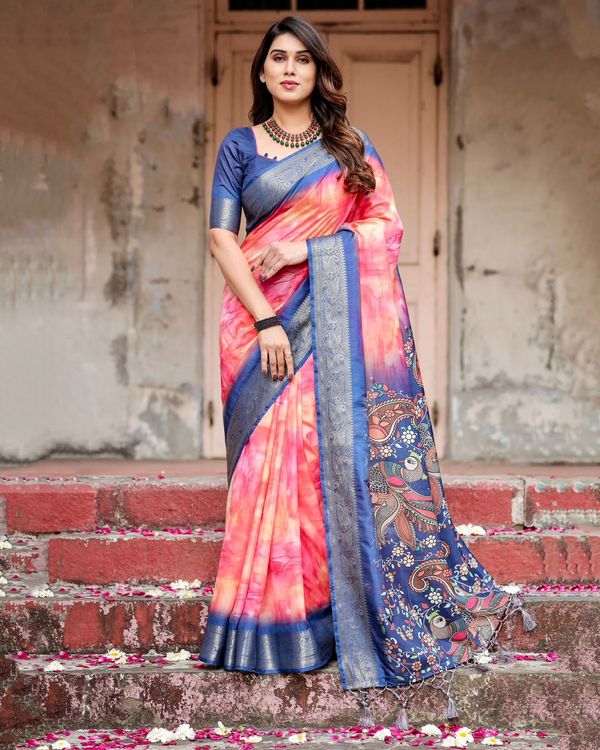 Pink Ombre Tussar Silk Printed Saree with Zari Border