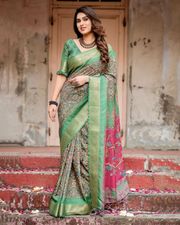 Green Mughal Print Tussar Silk Saree with Zari Border - Green