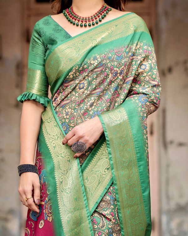 Green Mughal Print Tussar Silk Saree with Zari Border