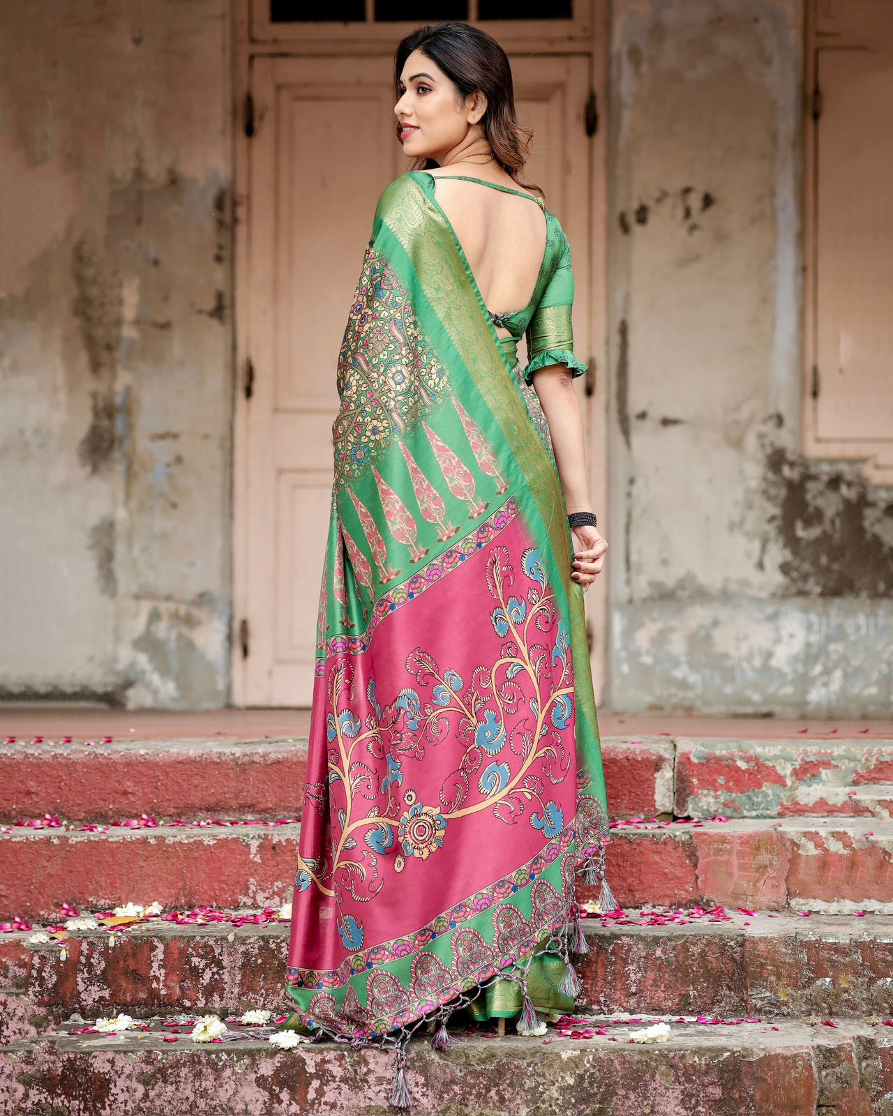 Green Mughal Print Tussar Silk Saree with Zari Border