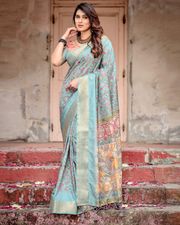 Sky Blue Floral Printed Tussar Silk Saree with Zari - Sky Blue