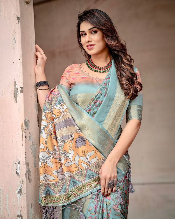 Sky Blue Floral Printed Tussar Silk Saree with Zari