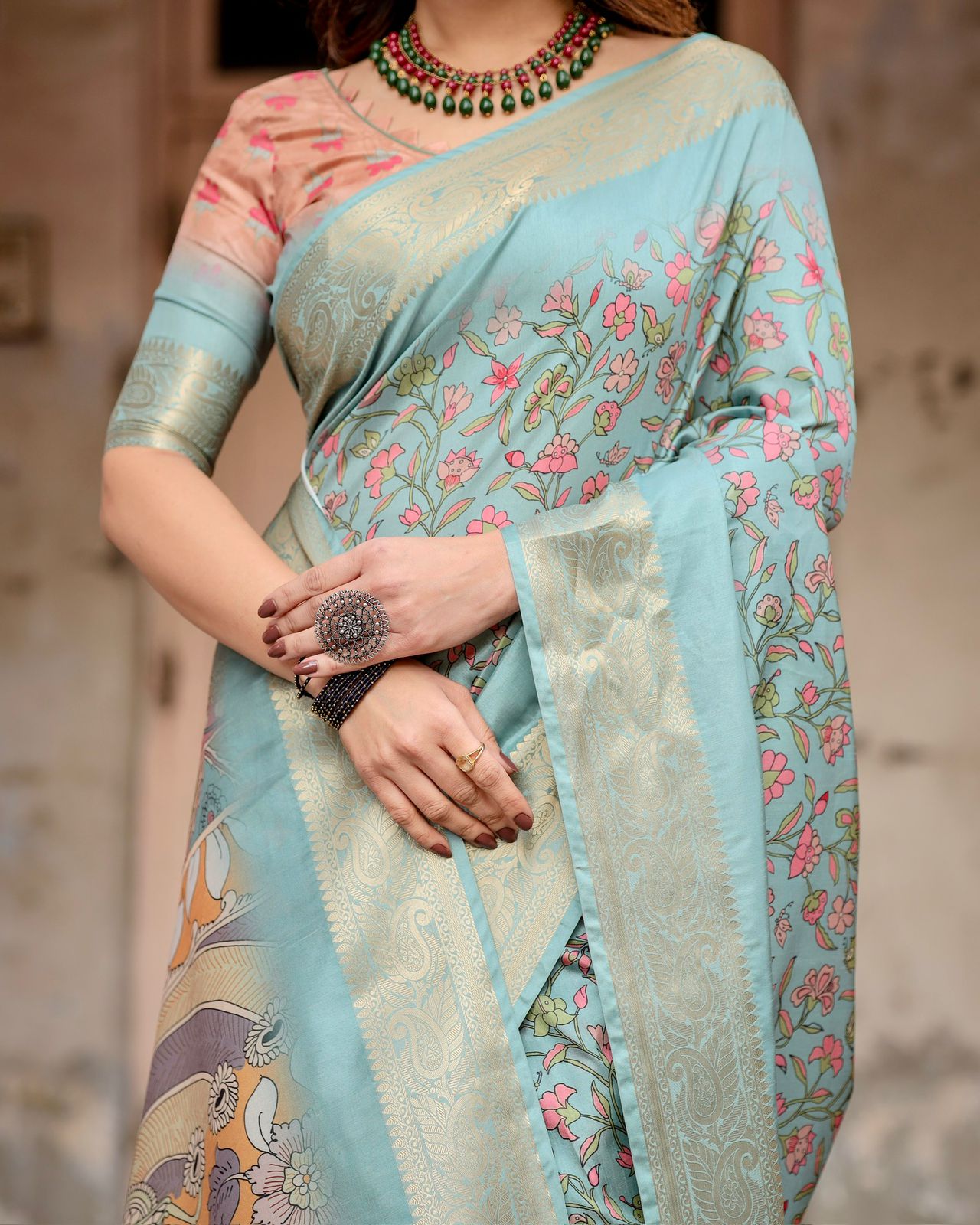 Sky Blue Floral Printed Tussar Silk Saree with Zari