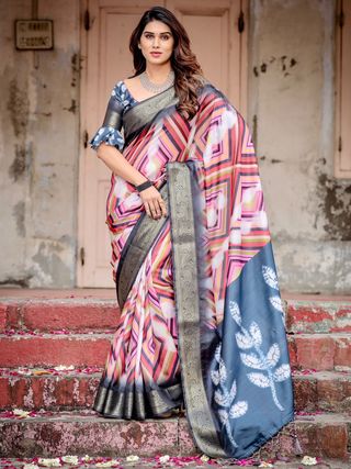 Charcoal Grey Designer Tussar Silk Striped Saree