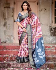 Charcoal Grey Designer Tussar Silk Striped Saree - Gray / Grey