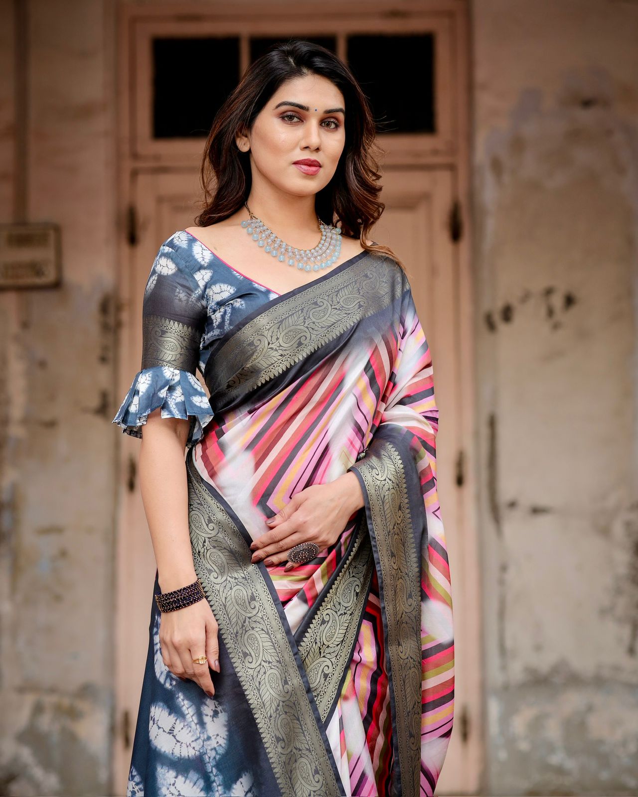 Charcoal Grey Designer Tussar Silk Striped Saree