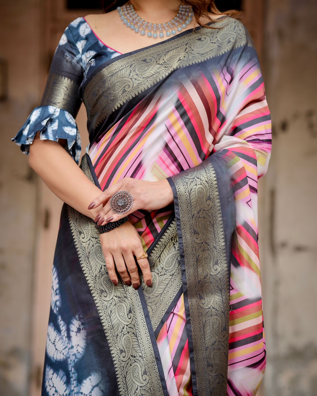 Charcoal Grey Designer Tussar Silk Striped Saree