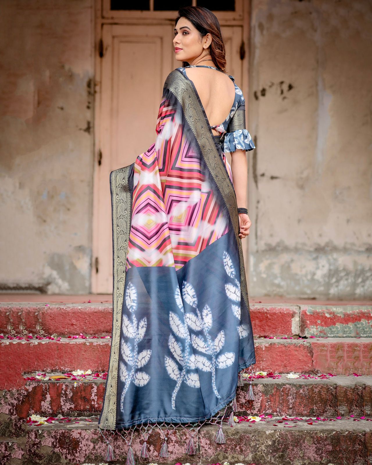 Charcoal Grey Designer Tussar Silk Striped Saree