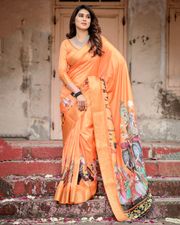 Orange Rajasthani Print Tussar Silk Saree with Zari - Orange