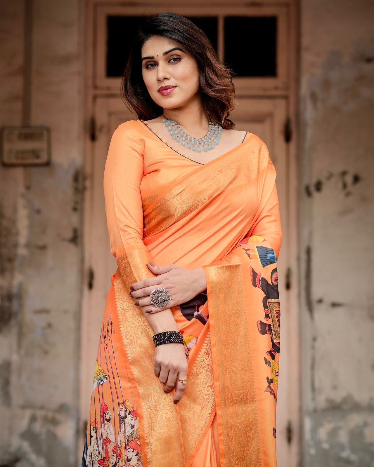 Orange Rajasthani Print Tussar Silk Saree with Zari