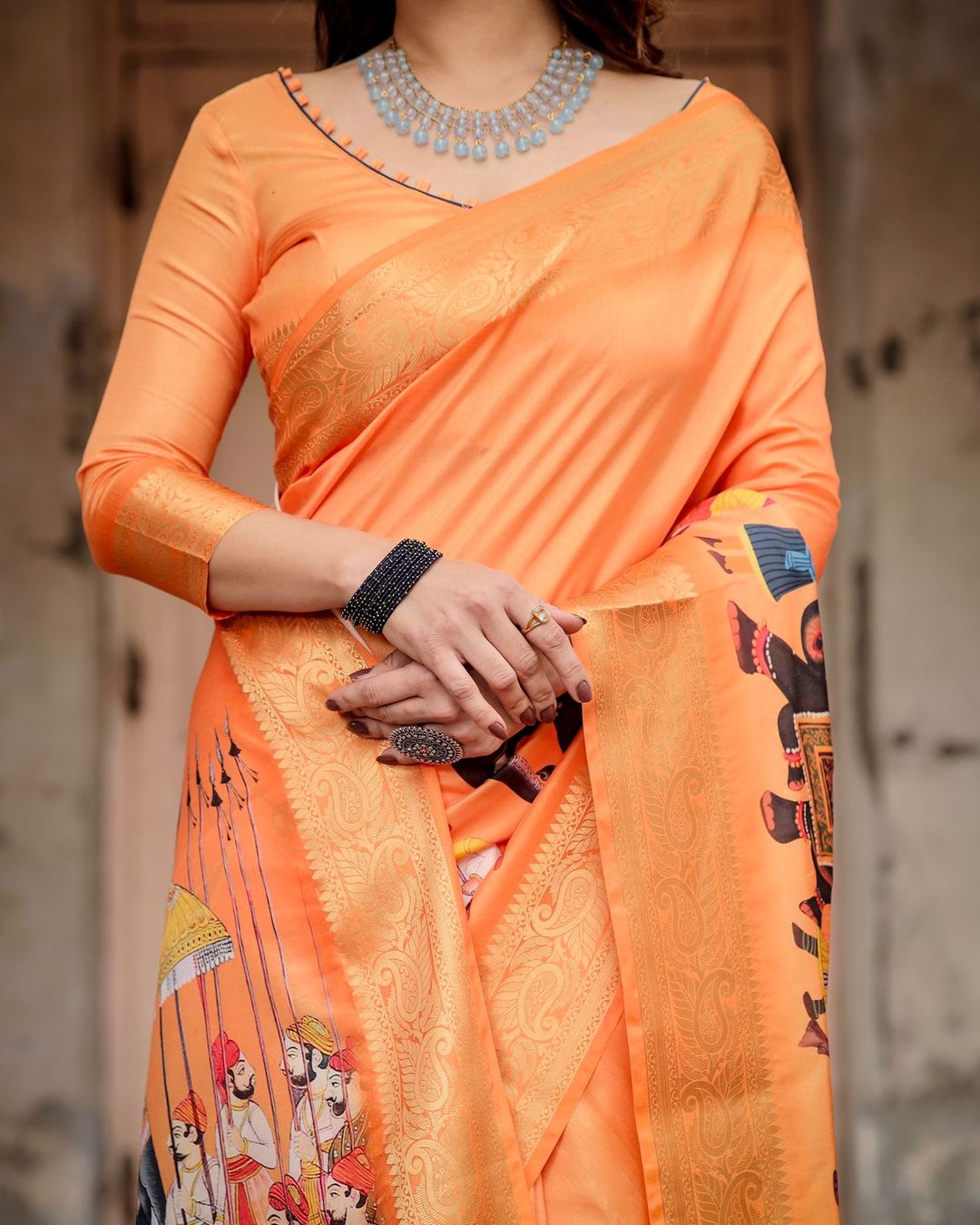 Orange Rajasthani Print Tussar Silk Saree with Zari
