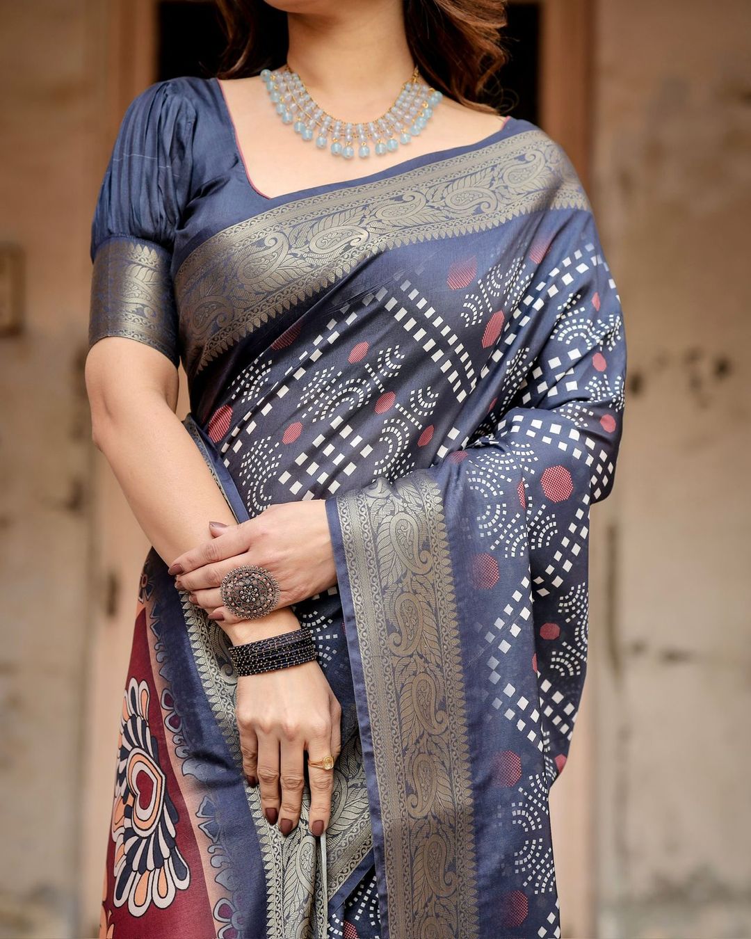 Navy Blue Bandhani Print Tussar Silk Saree with Zari