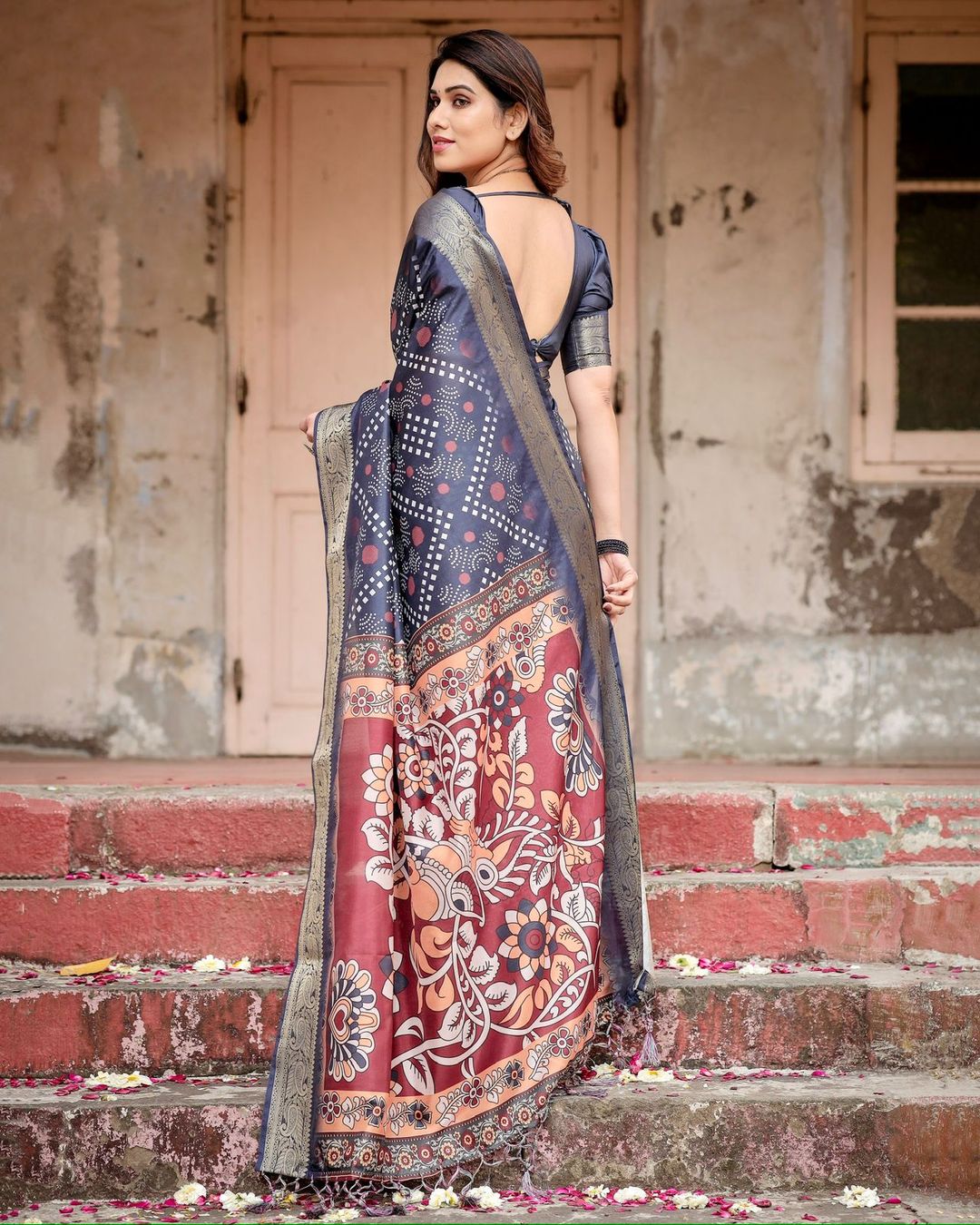 Navy Blue Bandhani Print Tussar Silk Saree with Zari