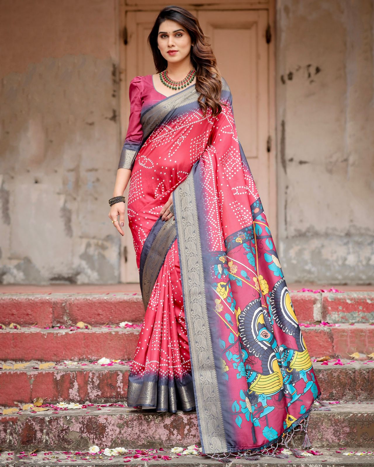 Wine Red Bandhani Print Tussar Silk Saree with Zari
