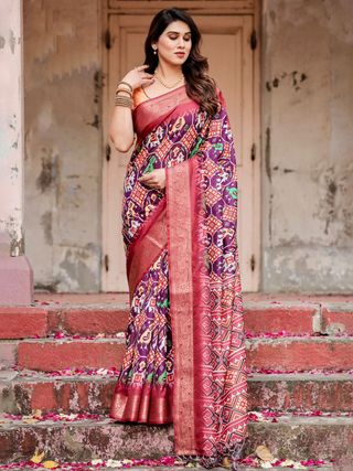 Royal Purple Tussar Silk Saree with Traditional Ikat Print
