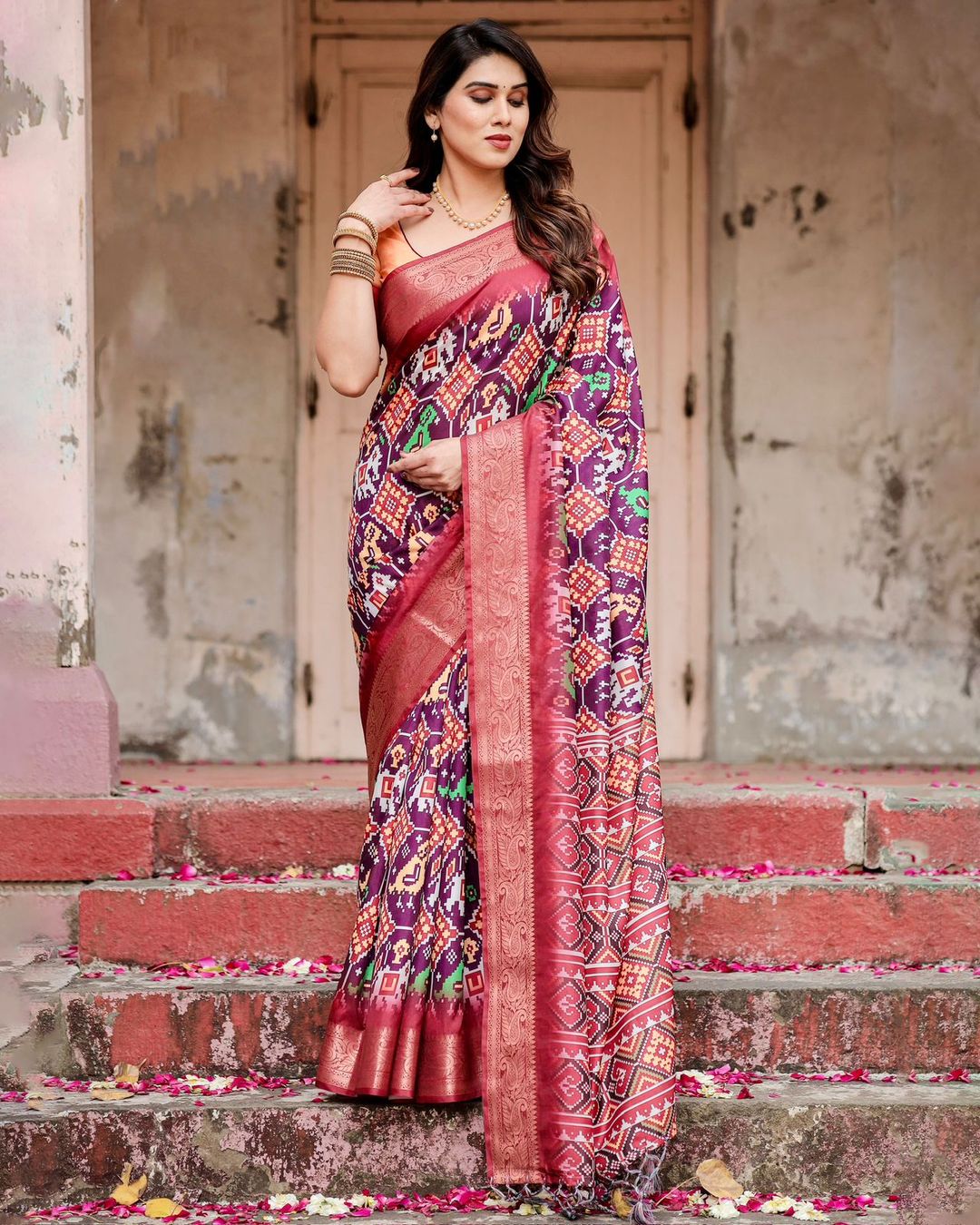 Royal Purple Tussar Silk Saree with Traditional Ikat Print