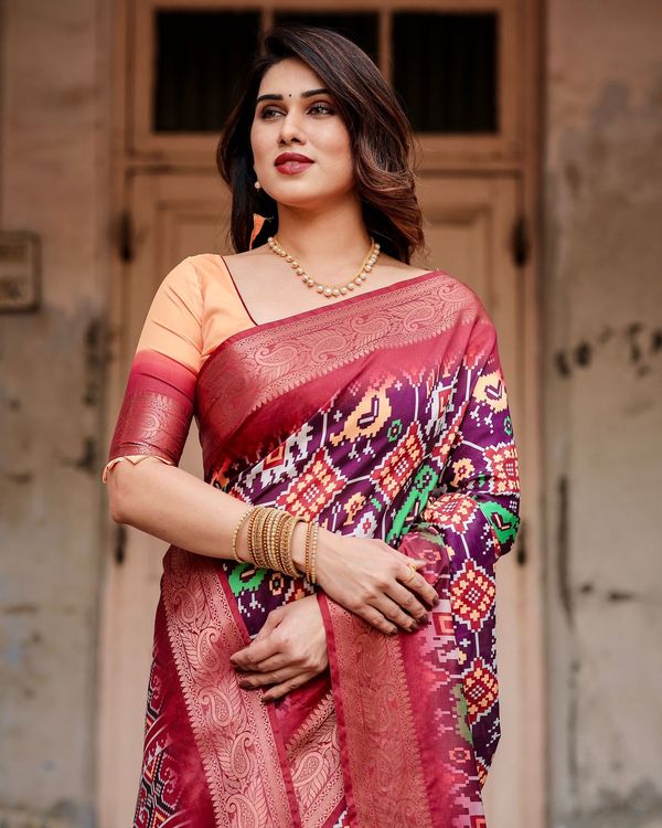 Royal Purple Tussar Silk Saree With Traditional Ikat Print