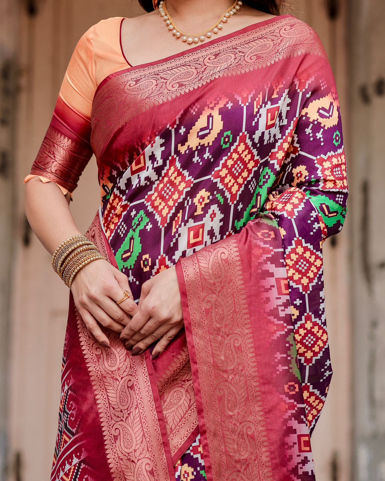 Royal Purple Tussar Silk Saree with Traditional Ikat Print