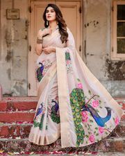 Ivory Peacock Print Soft Silk Saree with Zari Border - Cream