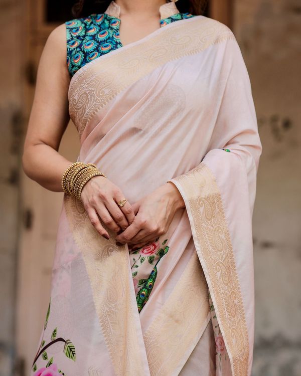 Ivory Peacock Print Soft Silk Saree with Zari Border