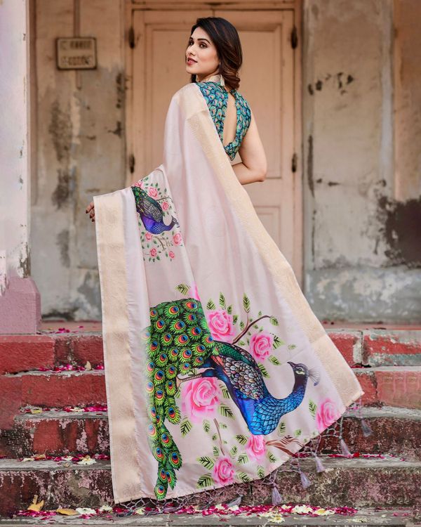 Ivory Peacock Print Soft Silk Saree with Zari Border