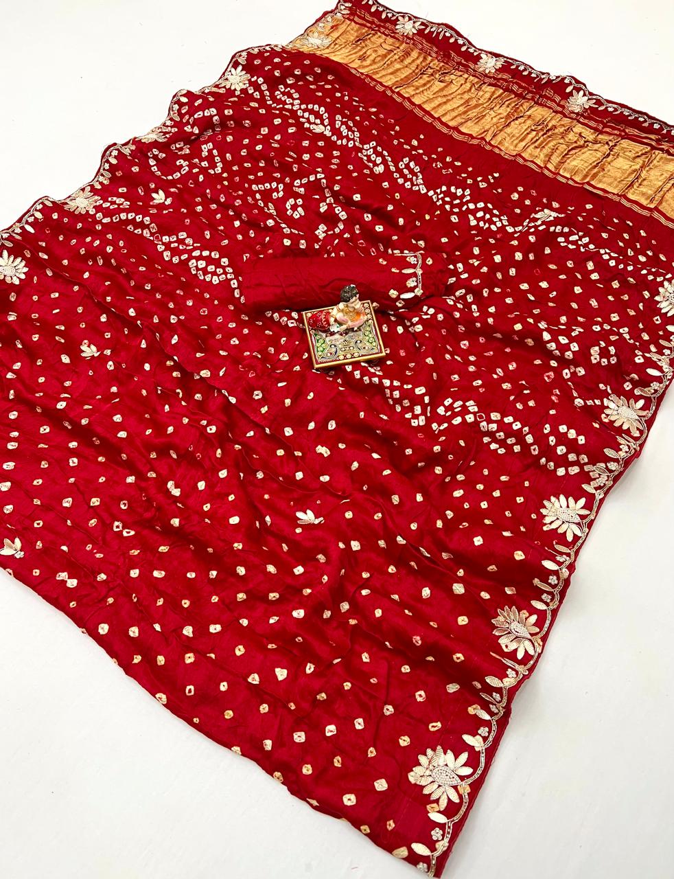 Red Bandhani Gajji Silk Saree with Gota Patti Handworks