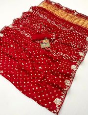 Red Bandhani Gajji Silk Saree with Gota Patti Handworks - Red