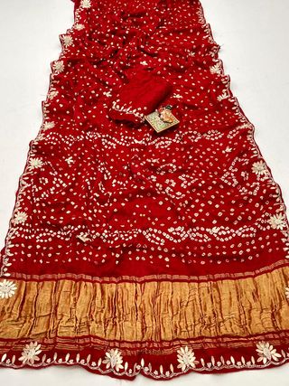 Red Bandhani Gajji Silk Saree with Gota Patti Handworks