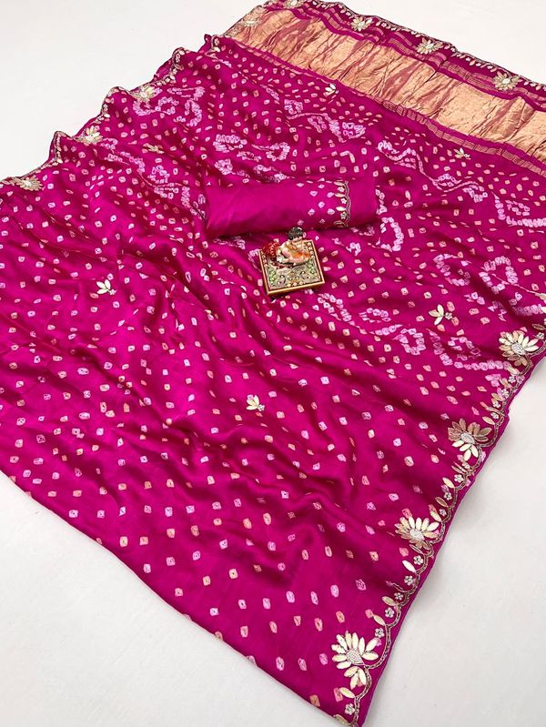 Traditional Pink Bandhani Gajji Silk Saree with Border